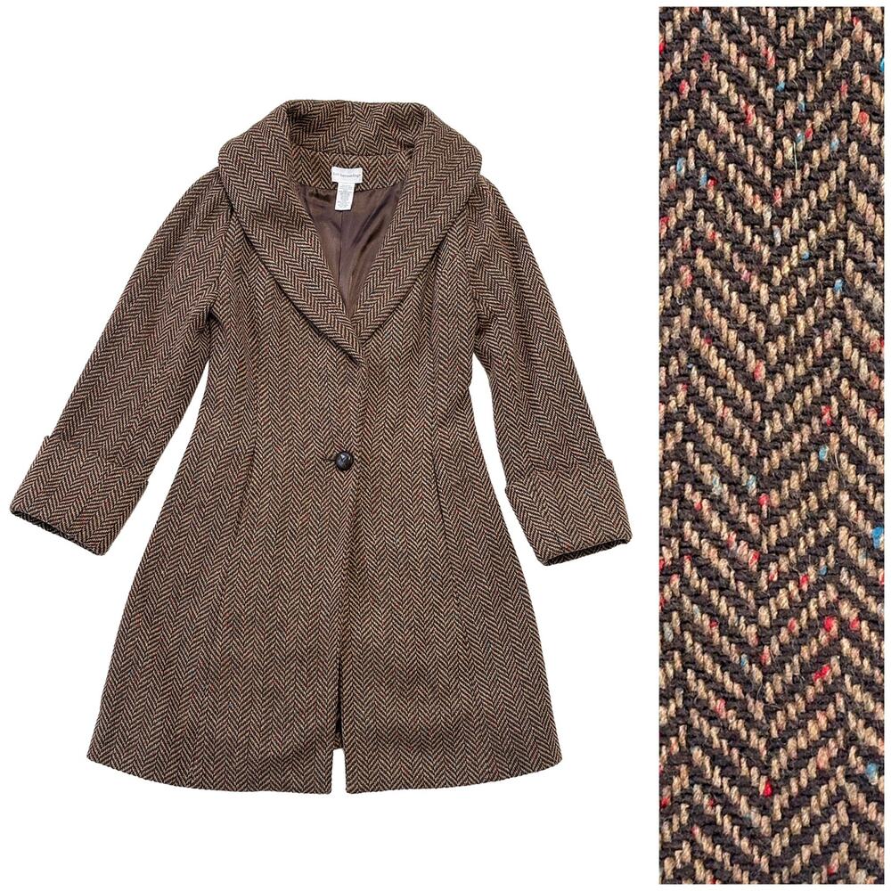 Soft Surroundings Herringbone Tweed Coat Women XS Shawl Collar Brown Preppy